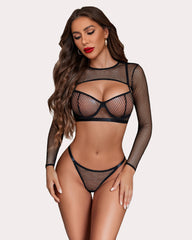 3 Pieces Sets Fishnet Long Sleeve Crop Top Sheer Bra and Panty