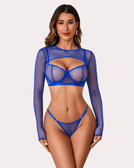 3 Pieces Sets Fishnet Long Sleeve Crop Top Sheer Bra and Panty