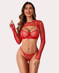 3 Piece Fishnet Long Sleeve Lingerie Set