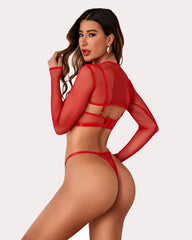 3 Piece Fishnet Long Sleeve Lingerie Set