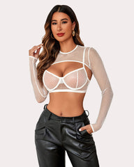 3 Piece Fishnet Long Sleeve Lingerie Set