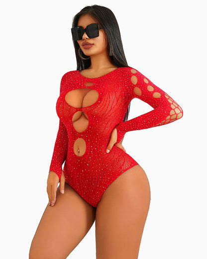 Rhinestone Fishnet Bodysuits Mesh Top