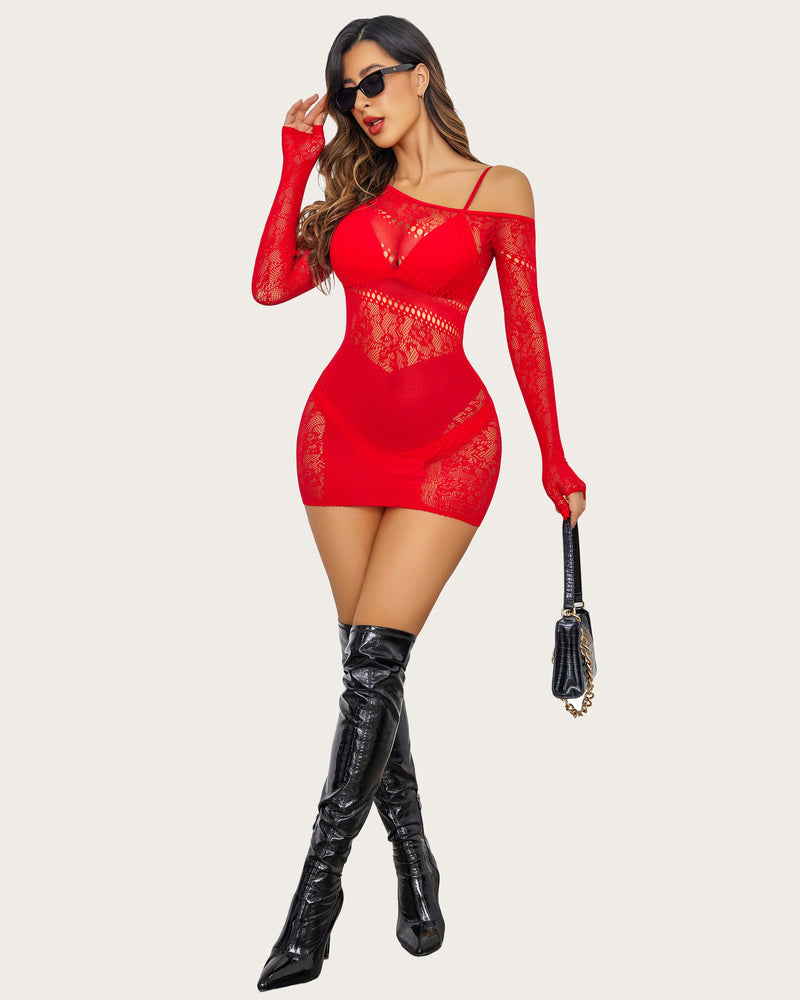 Fishnet Dress Mesh Long Sleeve Hollow Out Clubwear