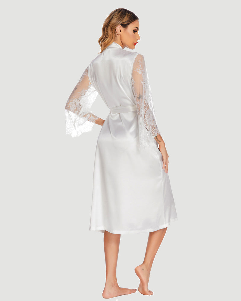 Robă kimono din dantelă florală, mâneci lungi, haine de noapte