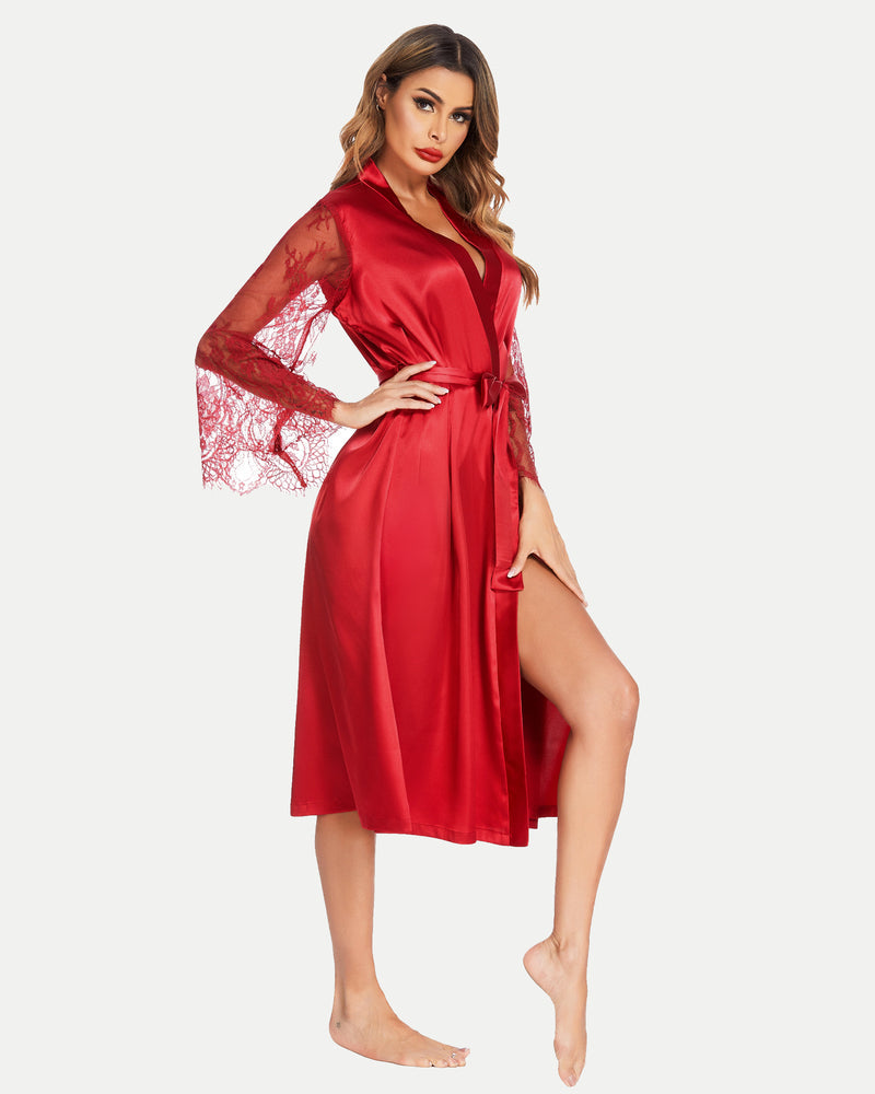 Robă kimono din dantelă florală, mâneci lungi, haine de noapte