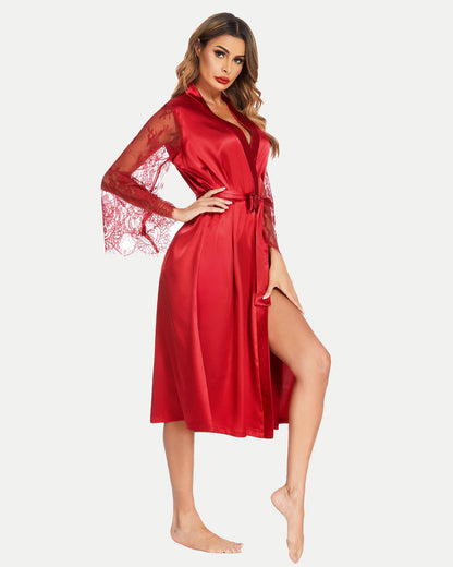 Robă kimono din dantelă florală, mâneci lungi, haine de noapte