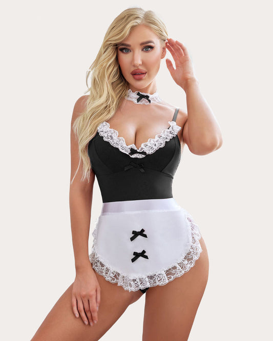 Set costum de servitoare Teddy și șorț cu Choker 