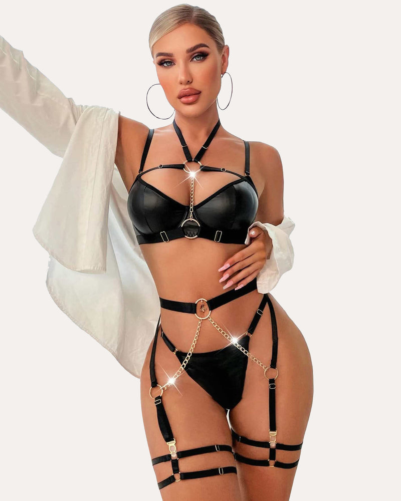 5 Piece Leather Push Up Bra with Chain