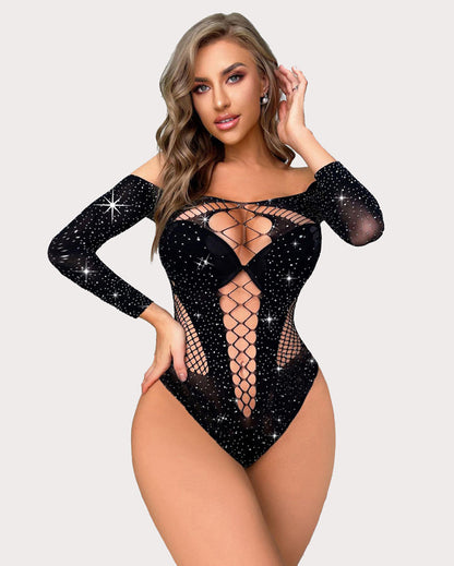 Body cu mânecă lungă din plasă cu strasuri Sparkle Fishnet Lenjerie