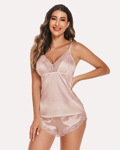 Set pijamale din satin Set pantaloni scurti cami cu dantela