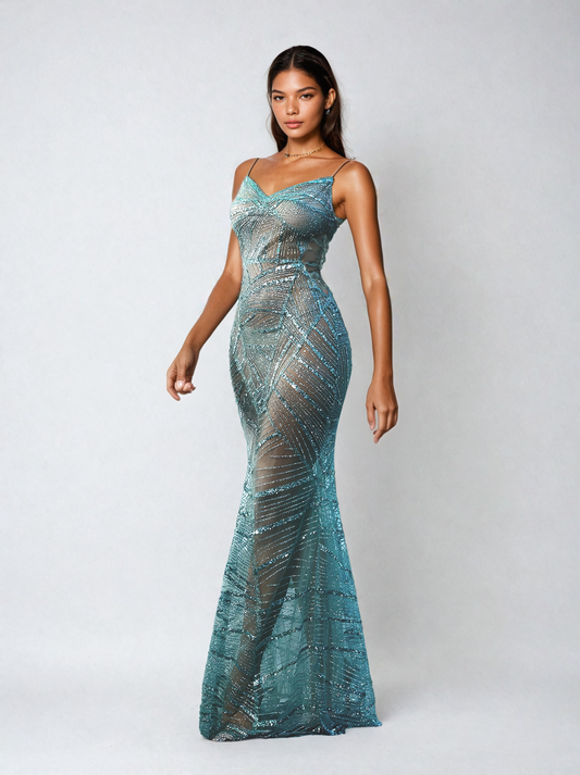 Cynthia Spaghetti Sequin Patchwork Maxi Dress