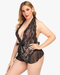 Lace Teddy Bodysuit Halter V Neck One Piece