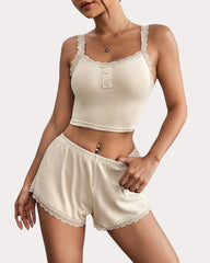 Lace Trim Pajamas Set Ribbed Shorts Pjs Sets