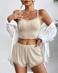 Lace Trim Pajamas Set Ribbed Shorts Pjs Sets