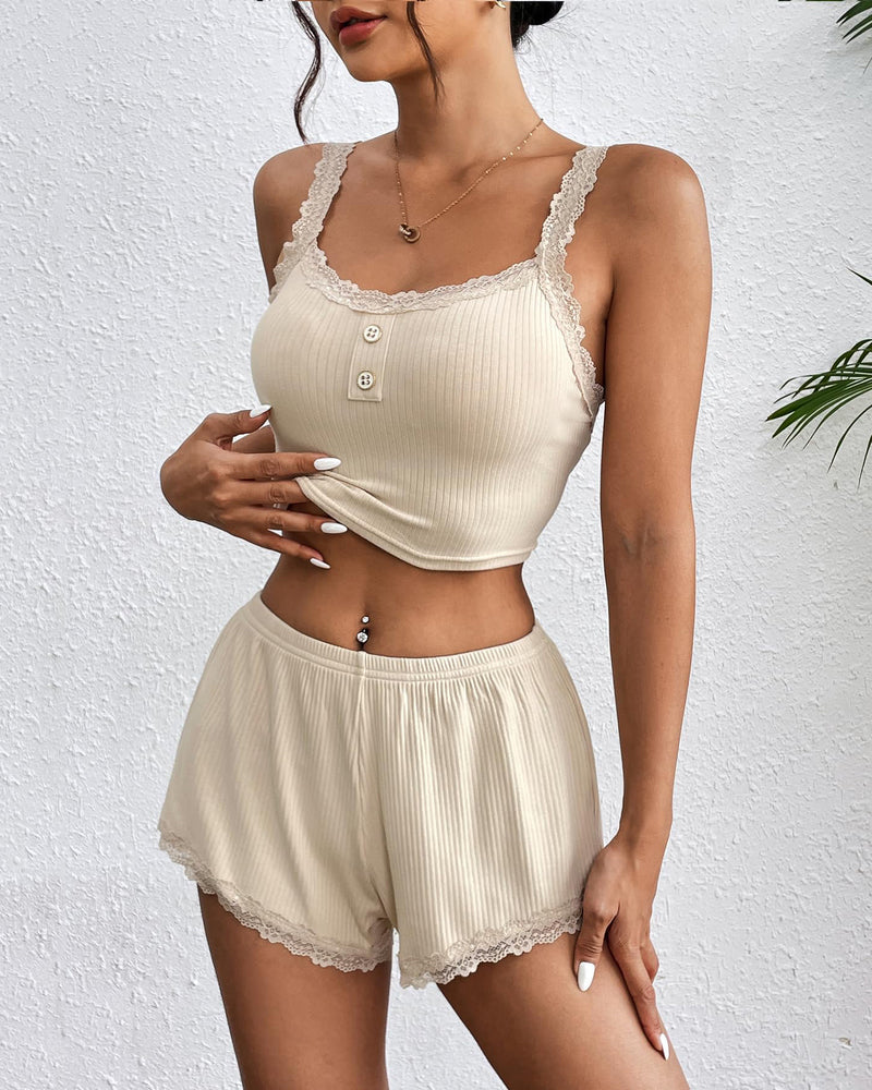 Set pijamale cu garnituri din dantela Pantaloni scurți cu nervuri Seturi pijamale