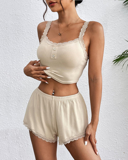Set pijamale cu garnituri din dantela Pantaloni scurți cu nervuri Seturi pijamale
