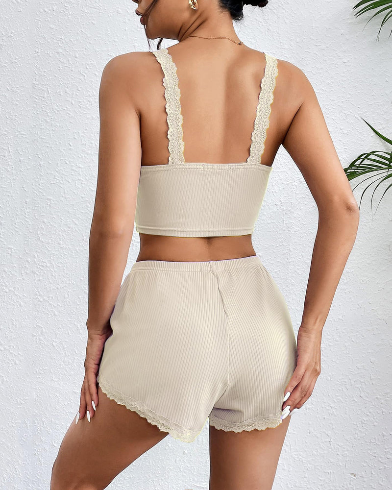 Set pijamale cu garnituri din dantela Pantaloni scurți cu nervuri Seturi pijamale