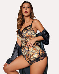 Set pijamale din satin cu dantelă cu imprimeu leopard