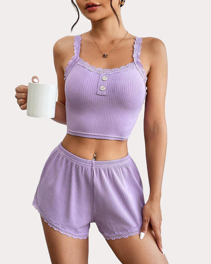 Set pijamale cu garnituri din dantela Pantaloni scurți cu nervuri Seturi pijamale