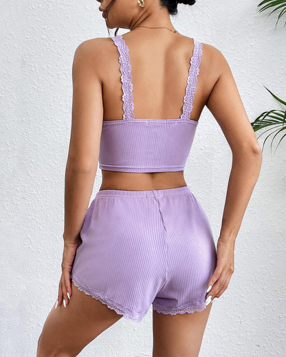 Set pijamale cu garnituri din dantela Pantaloni scurți cu nervuri Seturi pijamale