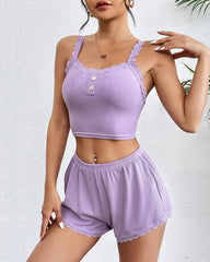 Lace Trim Pajamas Set Ribbed Shorts Pjs Sets