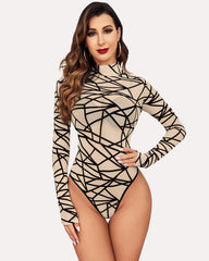 Turtleneck Sheer Mesh Bodysuit Geo Print Leotards