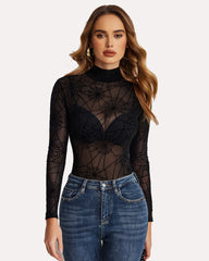 Turtleneck Sheer Mesh Bodysuit Geo Print Leotards