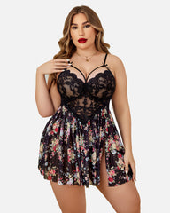 Babydoll cu imprimeu floral din dantela de marime plus