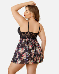 Babydoll cu imprimeu floral din dantela de marime plus