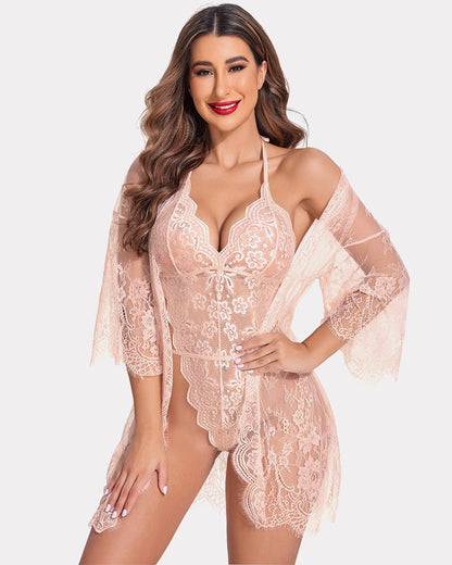 Set 2 piese halat kimono din dantela cu plus de dantela