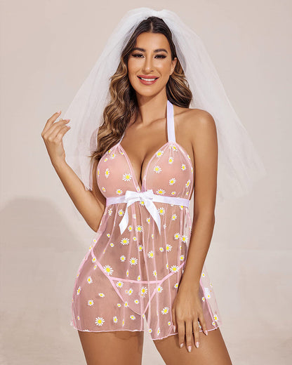 Halter Sheer Mesh Lace Babydolls