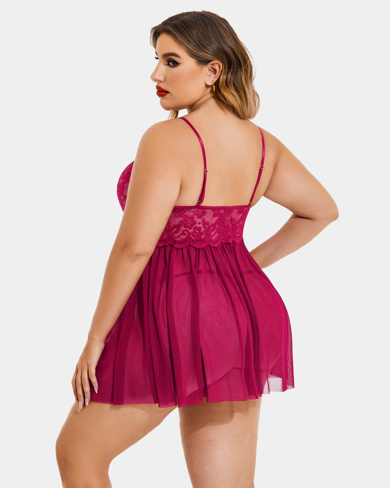 Plus Size V Neck Mesh Side Slit Babydolls