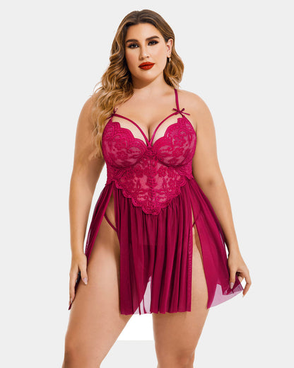Plus Size V Neck Mesh Side Slit Babydolls