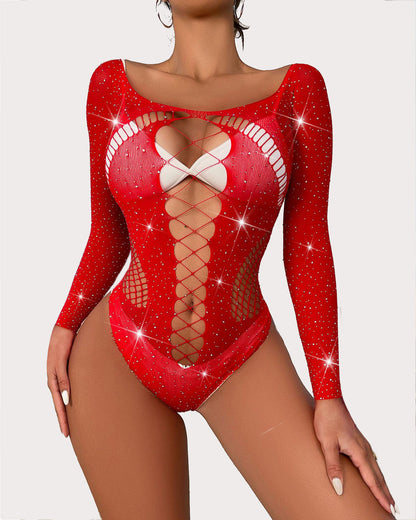 Body cu mânecă lungă din plasă cu strasuri Sparkle Fishnet Lenjerie