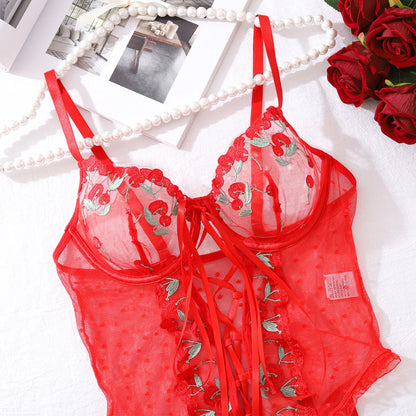 Ellolace Valentine Bodysuit Lingerie Red Lace Body Sissy Open Crotch Hot Sexy Adult Womens Clothing Fancy Floral Lace Up Tights