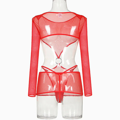 Sensual Lingerie Transparent Babydoll Sheer Mesh Cutout Waist Dress Hot Porn Outfit Uncensored Tulle Erotic Costume