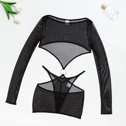 Sensual Lingerie Transparent Babydoll Sheer Mesh Cutout Waist Dress Hot Porn Outfit Uncensored Tulle Erotic Costume