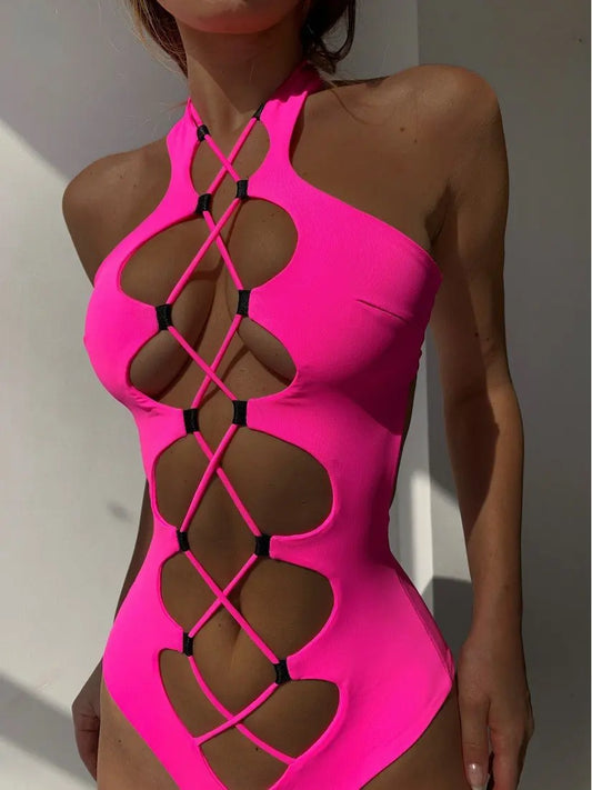 Bandage Women's Swimsuit Sexy Hollow Out Swimwear Extreme Microbikini One Piece Bodysuit Whole Halter Bathing Suit