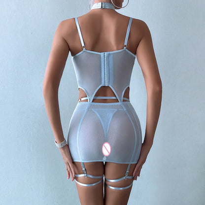 Ruffle Erotic Lingerie Transparent Lace Fancy Underwear Lifting Bolt Sensual Outfit Sheer Mesh Sissy Exotic Sets