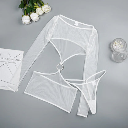 Sensual Lingerie Transparent Babydoll Sheer Mesh Cutout Waist Dress Hot Porn Outfit Uncensored Tulle Erotic Costume