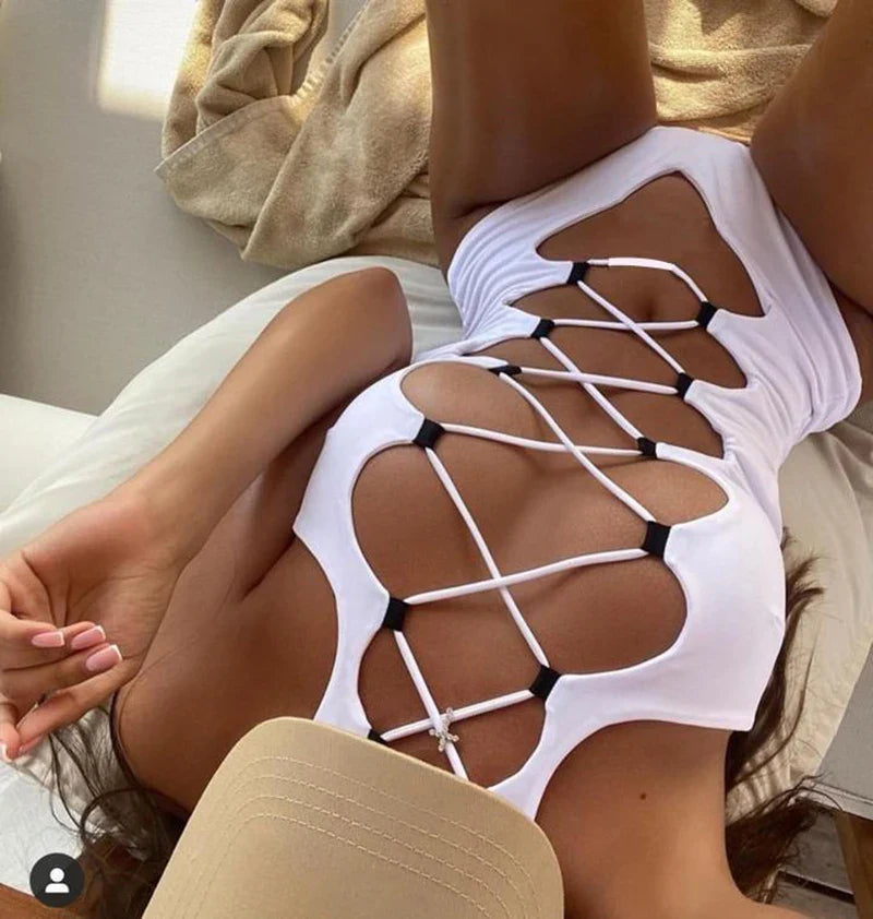 Bandage Women's Swimsuit Sexy Hollow Out Swimwear Extreme Microbikini One Piece Bodysuit Whole Halter Bathing Suit