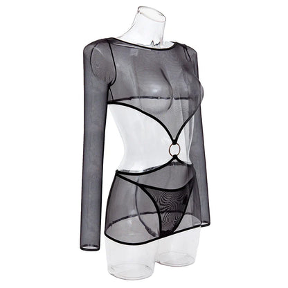 Sensual Lingerie Transparent Babydoll Sheer Mesh Cutout Waist Dress Hot Porn Outfit Uncensored Tulle Erotic Costume
