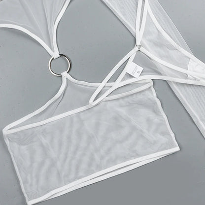Sensual Lingerie Transparent Babydoll Sheer Mesh Cutout Waist Dress Hot Porn Outfit Uncensored Tulle Erotic Costume