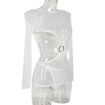 Sensual Lingerie Transparent Babydoll Sheer Mesh Cutout Waist Dress Hot Porn Outfit Uncensored Tulle Erotic Costume