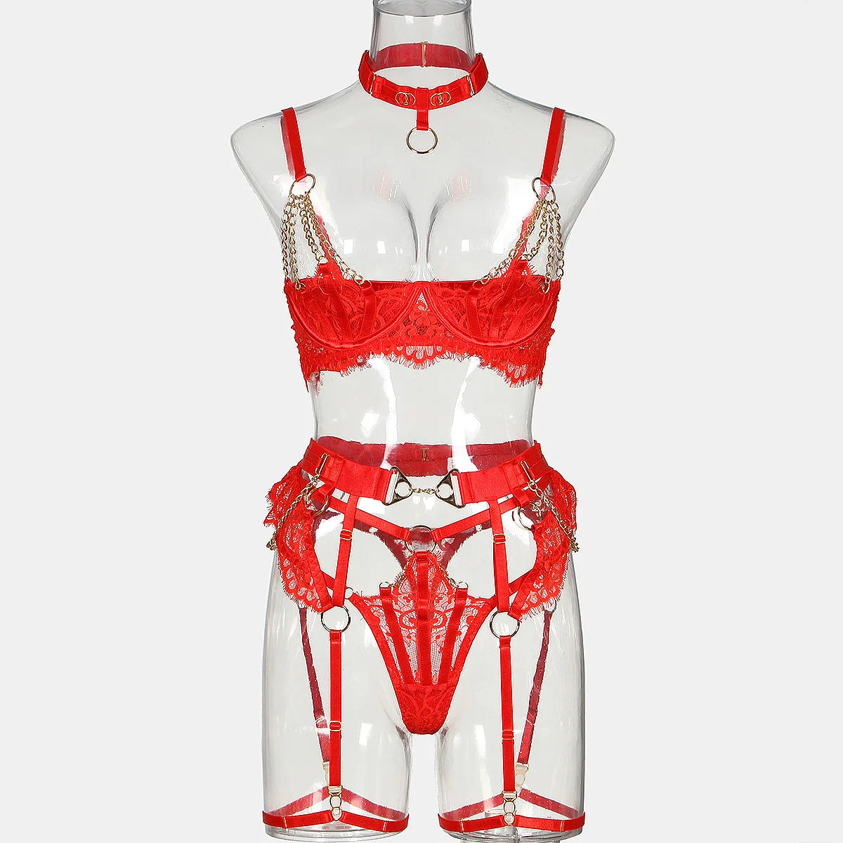 Fancy Lingerie Luxury Lace Push Up Half Cup Bra With Chain Hot Sexy Red Delicate Underwear Valentine Sissy Intimate