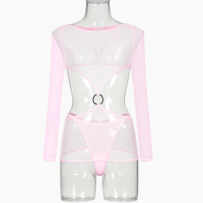 Sensual Lingerie Transparent Babydoll Sheer Mesh Cutout Waist Dress Hot Porn Outfit Uncensored Tulle Erotic Costume