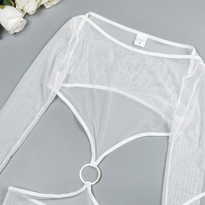 Sensual Lingerie Transparent Babydoll Sheer Mesh Cutout Waist Dress Hot Porn Outfit Uncensored Tulle Erotic Costume