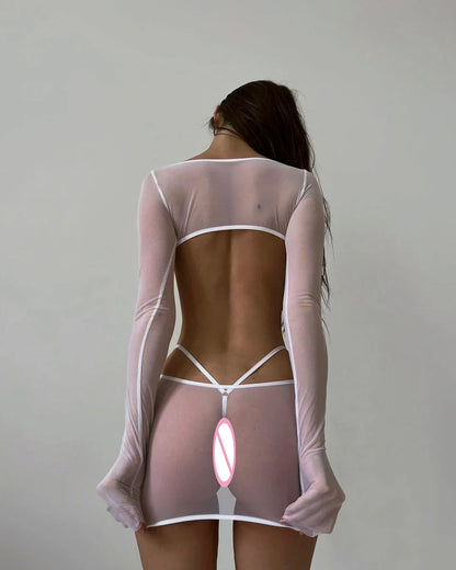 Sensual Lingerie Transparent Babydoll Sheer Mesh Cutout Waist Dress Hot Porn Outfit Uncensored Tulle Erotic Costume