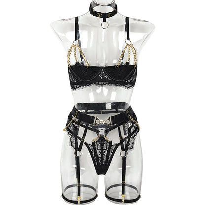 Fancy Lingerie Luxury Lace Push Up Half Cup Bra With Chain Hot Sexy Red Delicate Underwear Valentine Sissy Intimate