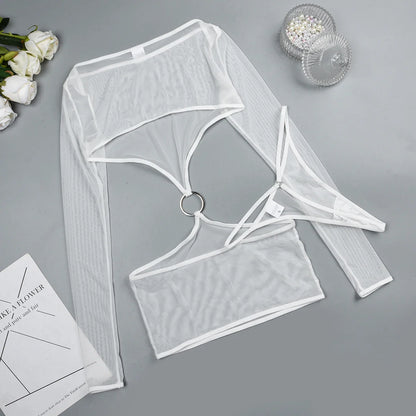 Sensual Lingerie Transparent Babydoll Sheer Mesh Cutout Waist Dress Hot Porn Outfit Uncensored Tulle Erotic Costume